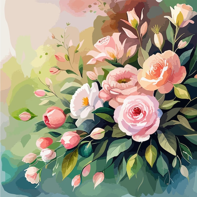 벡터 꽃 꽃다발 디자인 정원 핑크 복숭아 크림 파우더 창백한 장미 왁스 꽃 아네모네 지점
