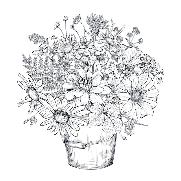黒と白の手描きのハーブと野生の花とベクトル花の構成