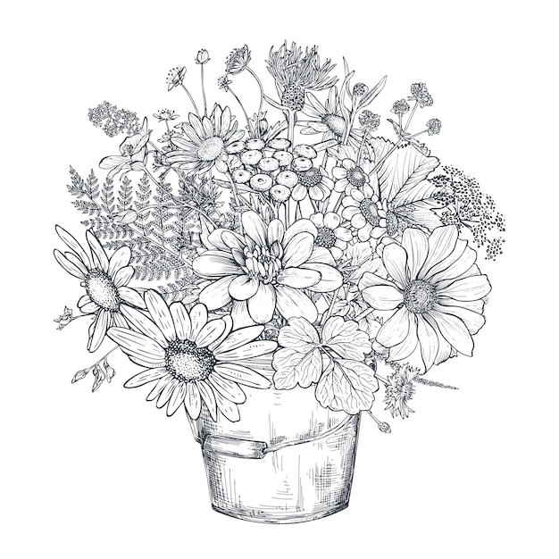 Vector floral composition with black and white hand drawn herbs and wildflowers