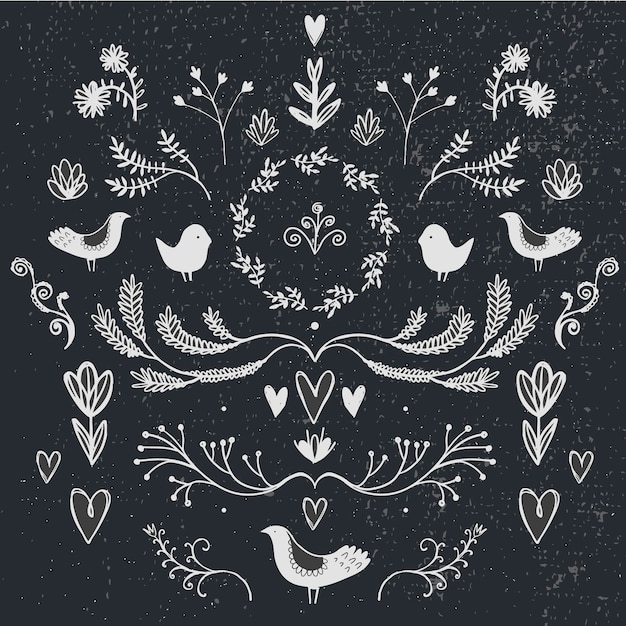 Vector floral decor set of hand drawn doodle dividers, borders, birds and flowers. isolated. vintage style.