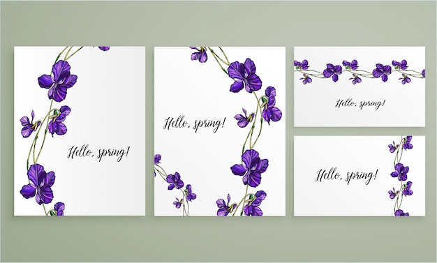 Vector vector floral greeting card set with violets flowers.