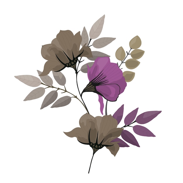 Vector floral illustration Bouquet of purple and coffeecolored flowers and leaves