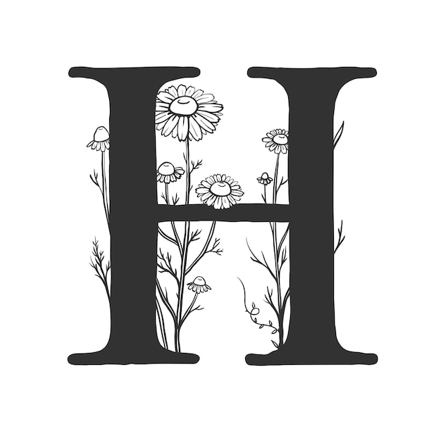 Vector vector floral monogram with chamomiles hand drawn capital letter h with wild flowers