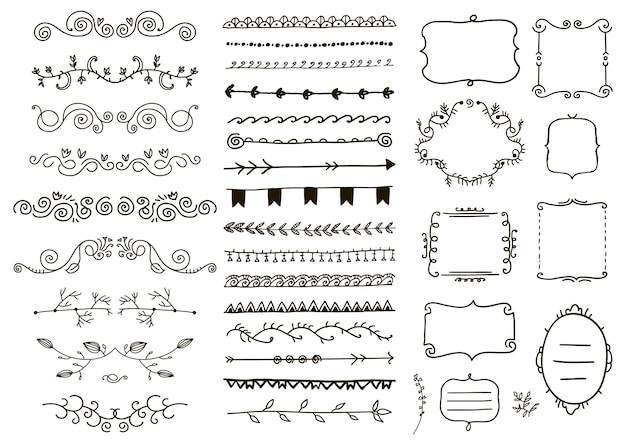 Vector floral ornament dividers. hand drawn, doodle vines decoration, sketch leaves, swirl, curl ornaments. ink flourish frames, borders. isolated