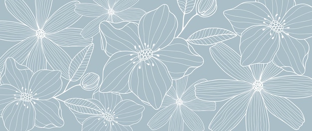 Векторная цветочная бледно-голубая иллюстрация с цветами, ромашками, ветвями, листьями и бутонами для декора, покрывает фон, обои