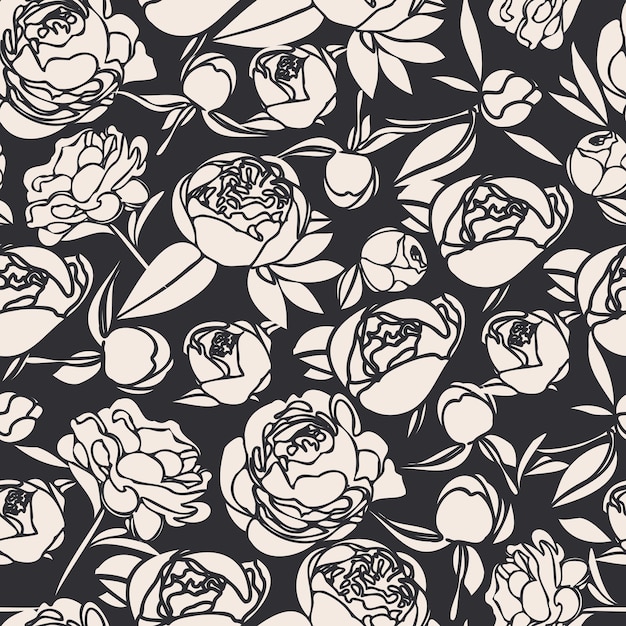 Vector floral pattern White stylized decorative peonies repeating chaotically on a black background Trendy design