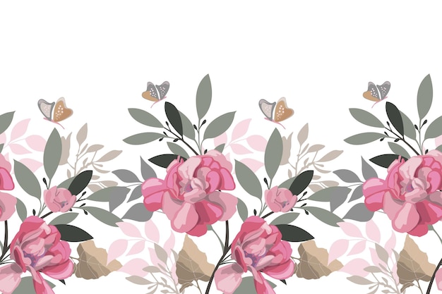 Vector floral seamless panoramic pattern Pink flowers and butterflies on a white background