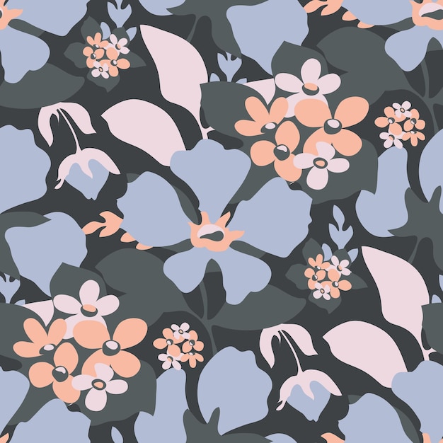 Vector vector floral seamless pattern. blue, pink and beige flowers, blue leaves on a dark background.