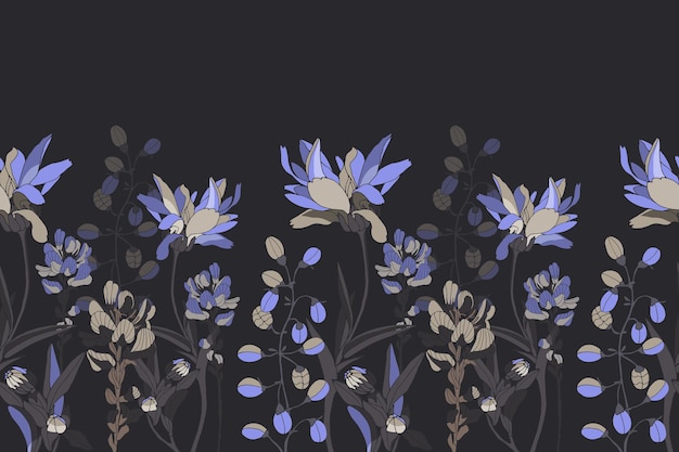 Вектор цветочный узор бесшовные границы горизонтальный панорамный дизайн с синими цветами