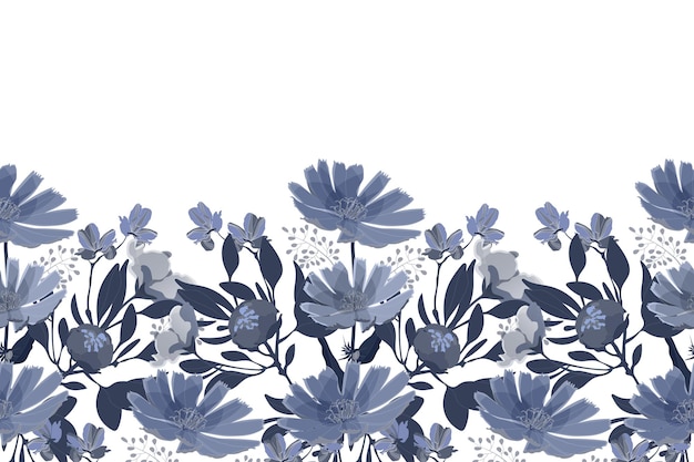 Vector floral seamless pattern border horizontal panoramic design with navy blue flowers