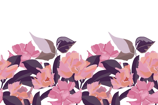 흰색 배경에 분홍색 정원 꽃과 벡터 꽃 원활한 패턴 테두리 그림