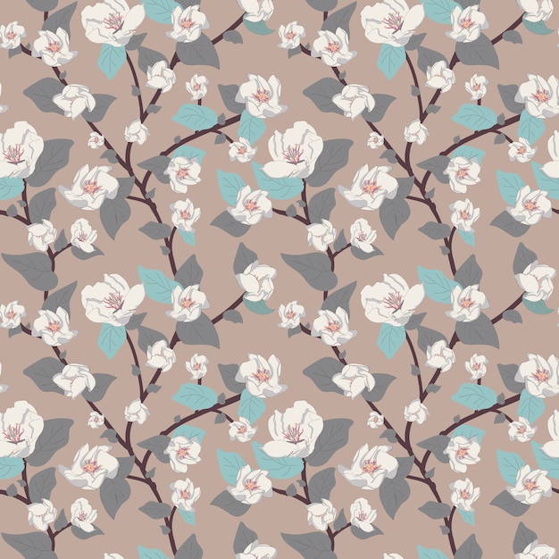 Vector floral seamless pattern, delicate flowers and twigs with leaves and branches.