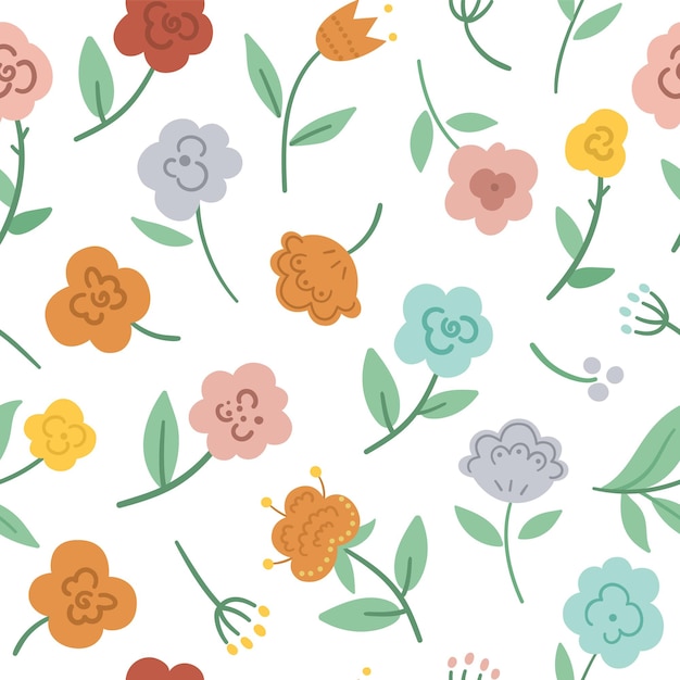 Vector floral seamless pattern Hand drawn flat simple trendy illustration with flowers and leaves Bohemian repeating background with plants Boho digital paperxA