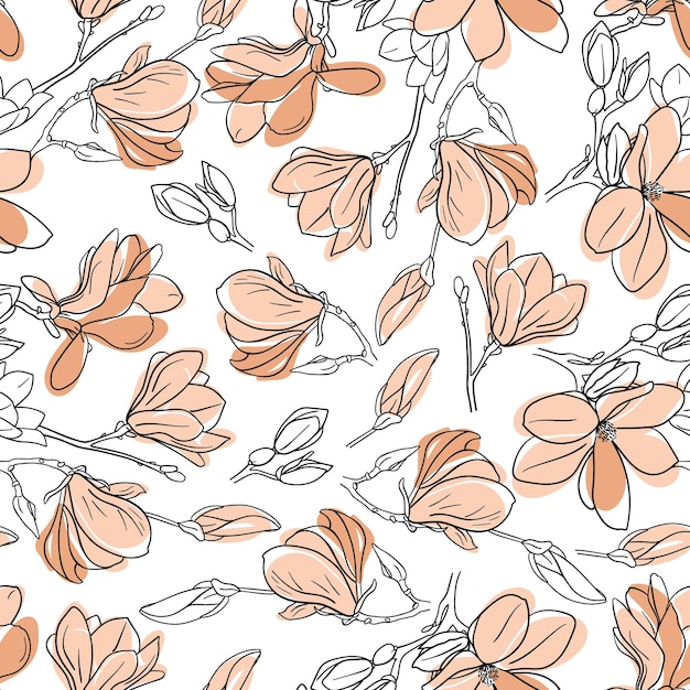 Vector floral seamless pattern of magnolia branches with flowers Elegant endless background