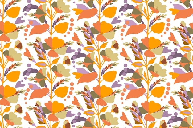 Vector floral seamless pattern multicolored flowers spikelets twigs and leaves on a white