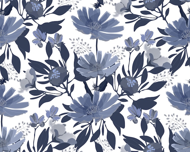 Reticolo floreale senza giunte fiori blu navy isolati su sfondo bianco disegno floreale