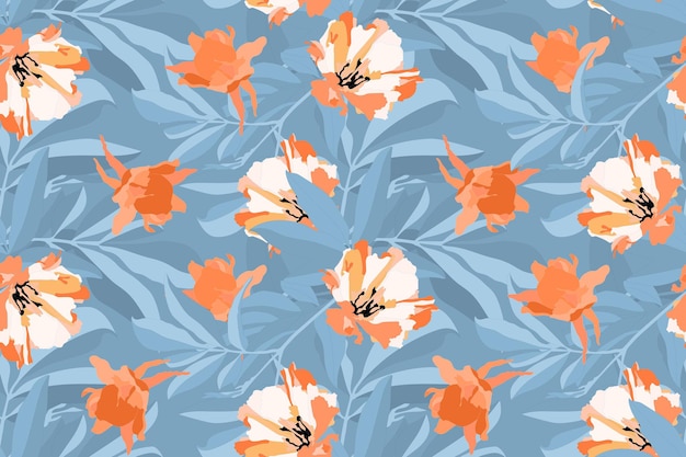 Vector motivo floreale senza soluzione di continuità. arancio, fiori bianchi, foglie blu isolate su sfondo blu. per il design decorativo di qualsiasi superficie.