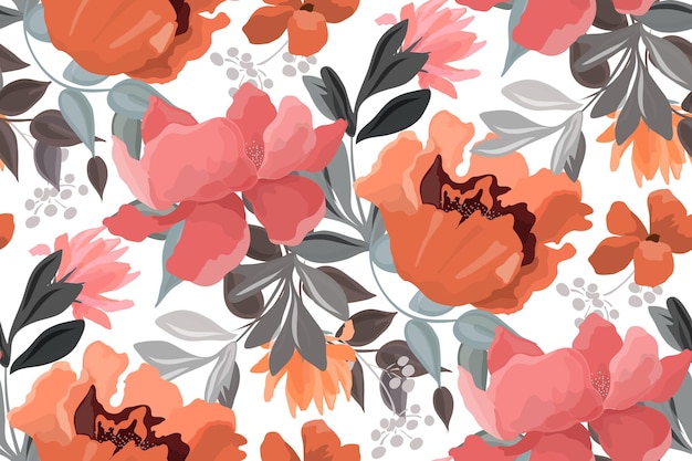 Vector floral seamless pattern Pink red and orange flowers buds and gray leaves on a white