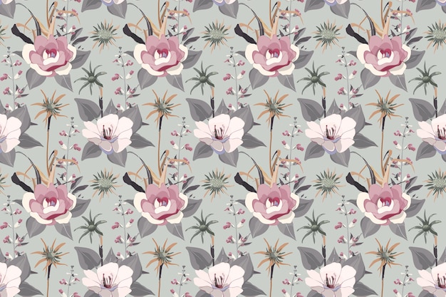 Vector floral seamless pattern Pink and white pastel flowers gray leaves on a light gray