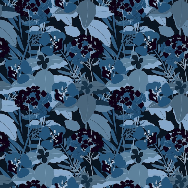 Vector floral seamless pattern Plant illustration in blue colors Floral design