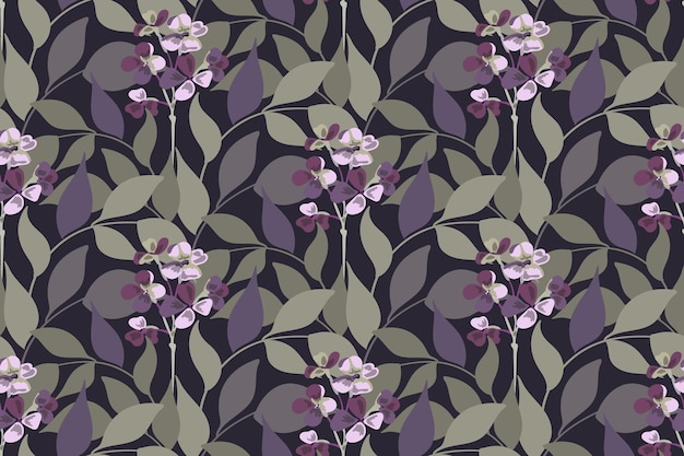 Vector floral seamless pattern Purple flowers green leaves isolated on a dark background