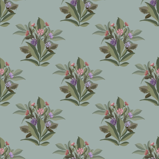 Vector vector floral seamless pattern. small bouquets with cornflowers and green leaves.