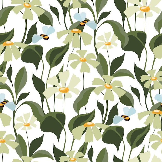 Vector floral seamless pattern wildflowers leaves and bees on a white background floral design