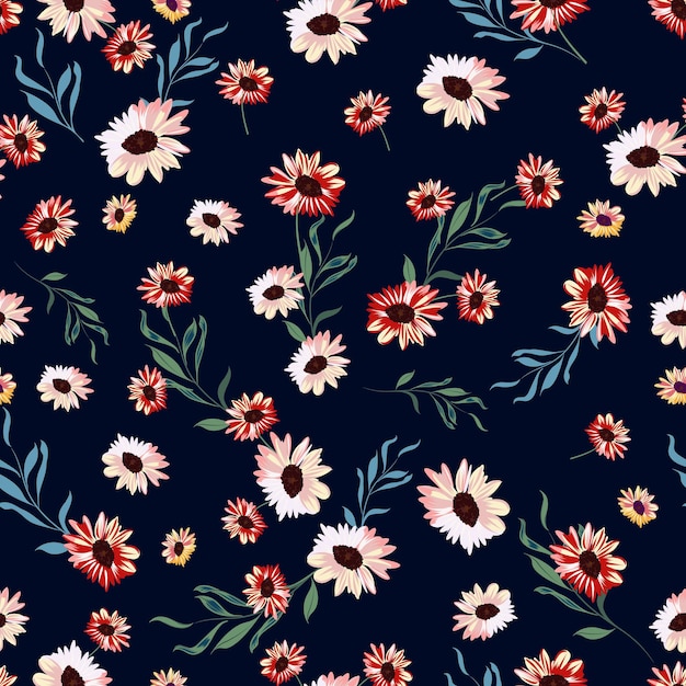 Vector floral seamless pattern with flowers on dark blue back