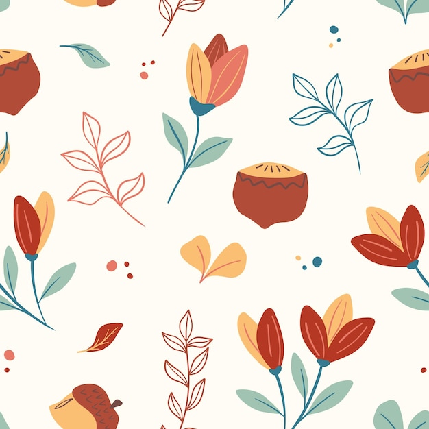 Vector floral seamless pattern with flowers and nuts Hand drawn eco design for cover fabric and wrap