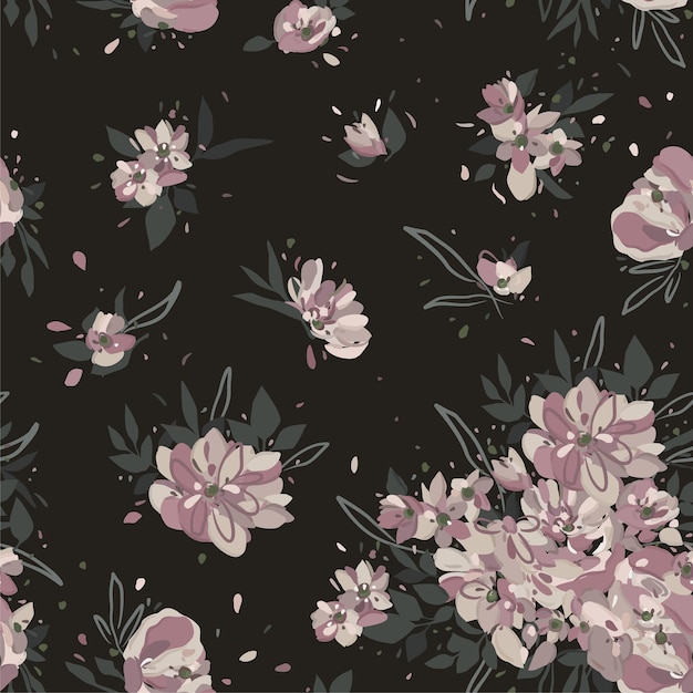 Vector floral seamless pattern with pink peonies on dark background.