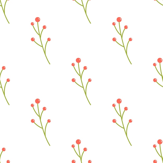 Vector floral seamless pattern with red berries Berries on green stems on white background Spring botanical pattern in flat design