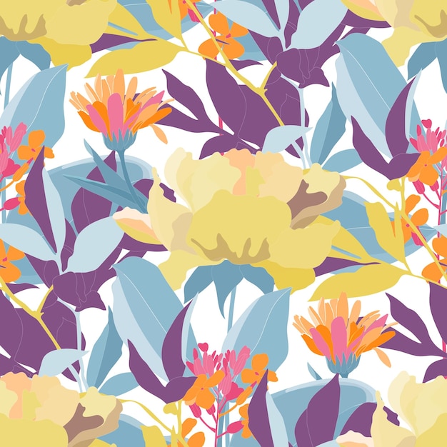 Vector vector floral seamless pattern yellow orange flowers blue and purple leaves on a white background