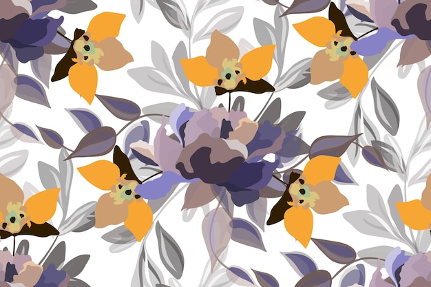 Vector floral seamless pattern Yellow purple and coffeecolored flowers and leaves on a white