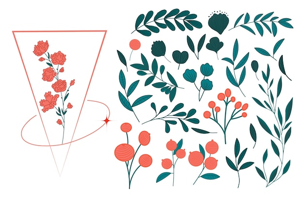 Vector floral set Colorful floral collection with leaves and flowers