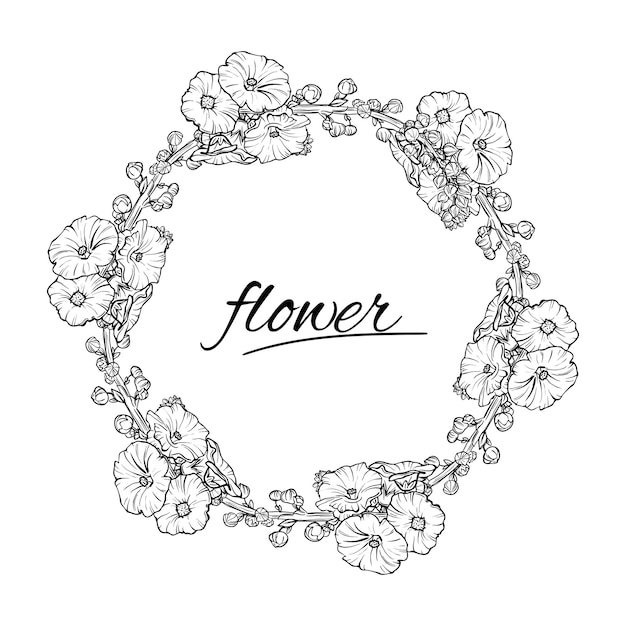 Vector floral wreath ink sketch in black and white isolated