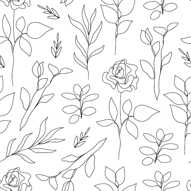 Vector flower linear seamless background roses and leaves line pattern hand drawn style Monoline doodle