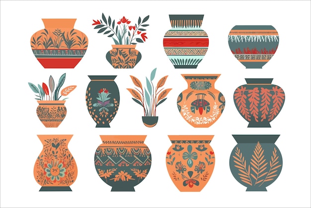 Vector flowerpot and ethnic simple vase Isolated on background Cartoon vector illustration