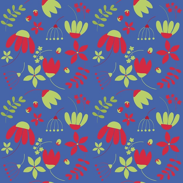 Vector flowers and berries in green and red on a blue background seamless pattern