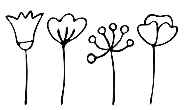 Fiori e boccioli vettoriali impostati in stile doodle disegnato a mano in bianco e nero