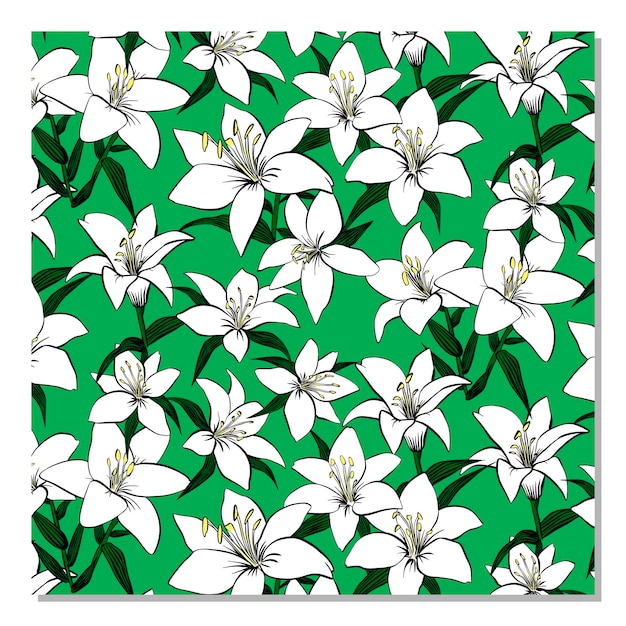 Векторный цветочный узор с красивой белой лилией на зеленом фоне