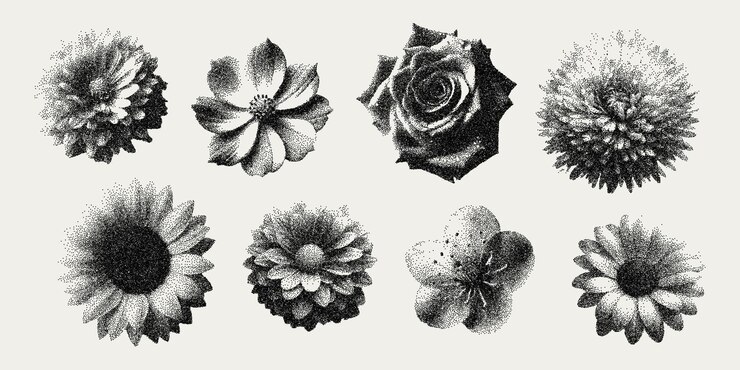 Vector vector flowers trendy retro effect modern stipple dots texture for design art y2k collage set with grain effect