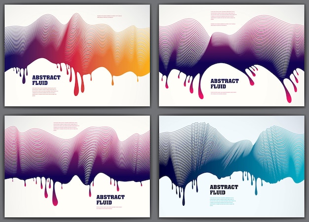 Vector fluid flow wavy abstract colorful backgrounds set. 3d colorful gradient motion art. Lined texture, dynamic surface, curve lines, flow shape.