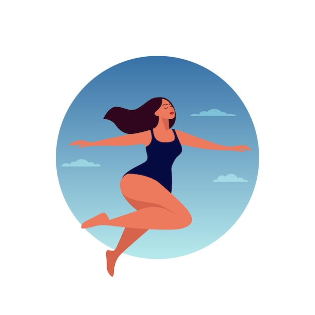 Vector Flying Soaring Gelukkige vrouw in een sprong op een lucht achtergrond met wolken Vrouwengezondheid Vrouwelijke menstruatiecyclus Hygiëne Geluk Feminisme Concept Banner