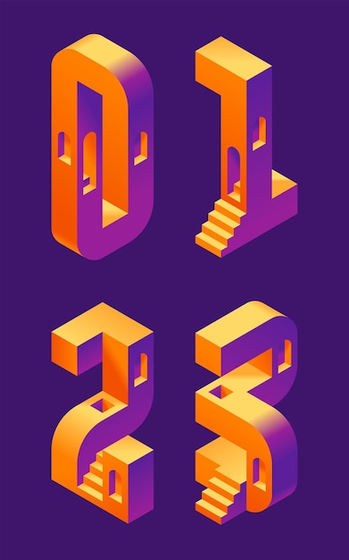 Vector vector font set made in 3d isometric shape with stairs and windows