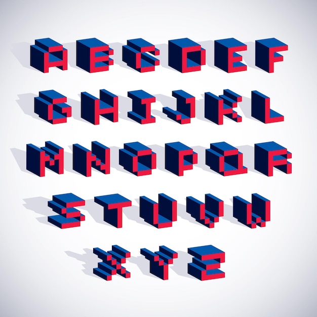 Vector vector font, typescript created in 8 bit style. pixel art contemporary capital letters set, 3d digital design elements.