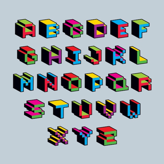 Vector vector font, typescript created in 8 bit style. pixel art contemporary capital letters set, 3d digital design elements.