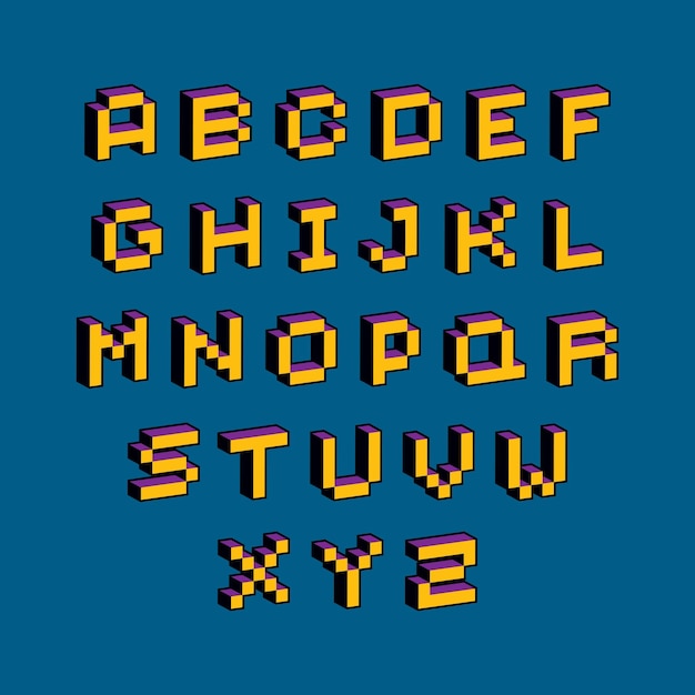 ベクターフォント、8ビットスタイルで作成されたtypescript。ピクセルアート現代大文字セット、3Dデジタルデザイン要素。
