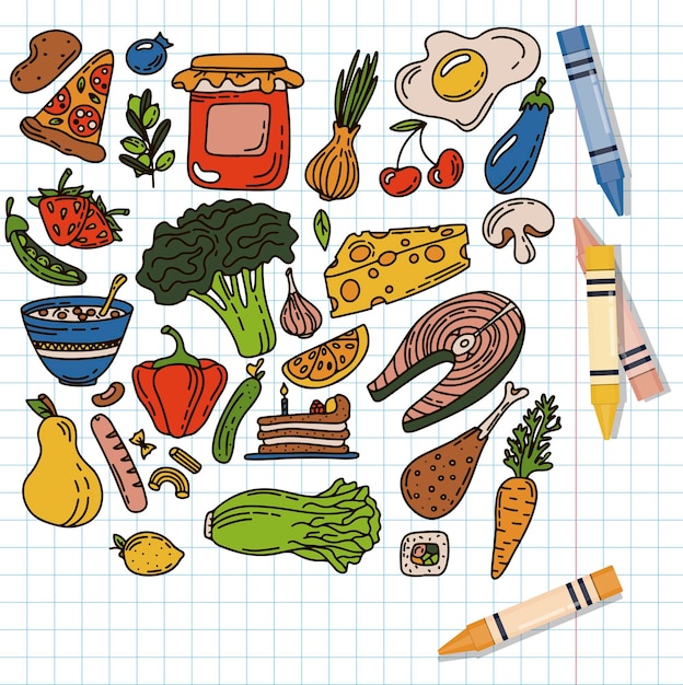 Векторные пищевые каракули иконки ручной работы линии меню ресторан эскиз иллюстрация здоровой пищи