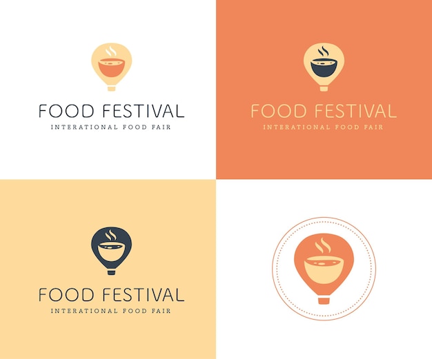 Vector food festival logo sjabloon in verschillende kleurvarianten geïsoleerd. restaurant, café, catering, embleemontwerp voor foodservice. logo met luchtballon en aroma kom illustratie.