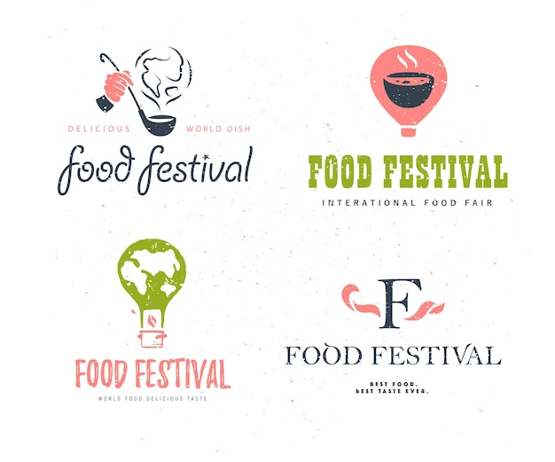 Vector food festival logo template set variants isolated. Restaurant, cafe, catering, food service emblem design. Human hand holding scoop and  smoke, air balloon, earth shape illustration.